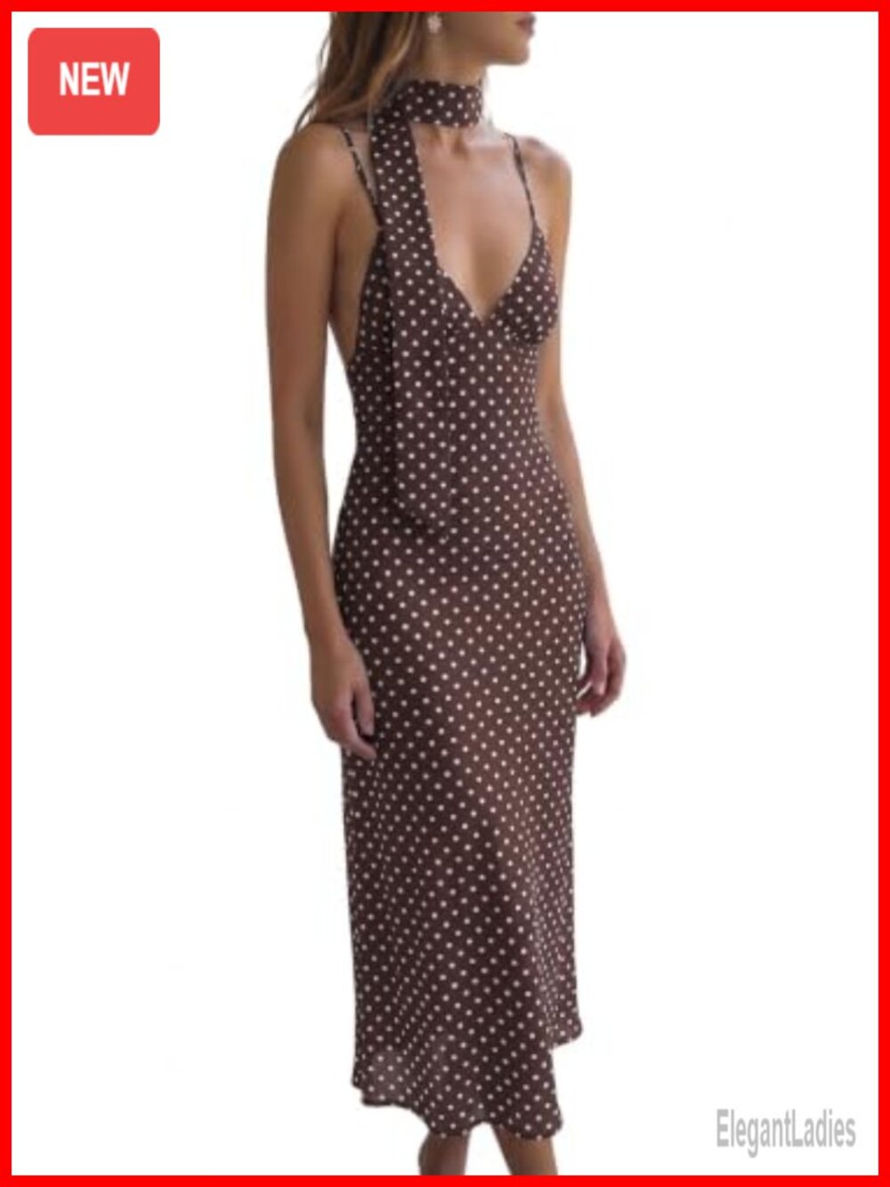 Women Chiffon Polka Dot Maxi Dress V Neck Backless Summer Vacation